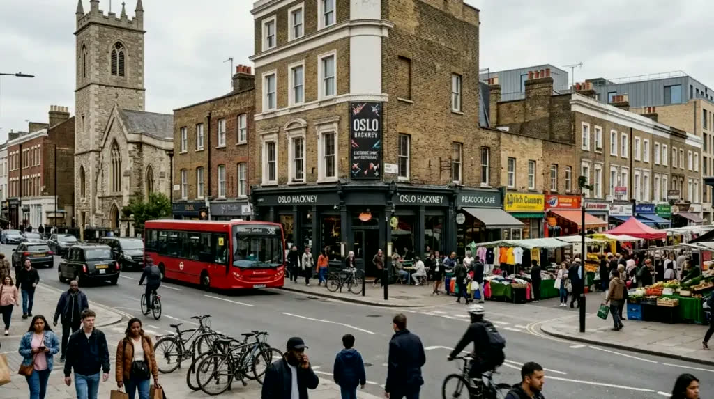 A busy East London street — market stalls, a red bus and the local high street